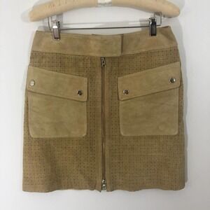 Suede Perforated Front-Zip Mini Skirt in Tan
